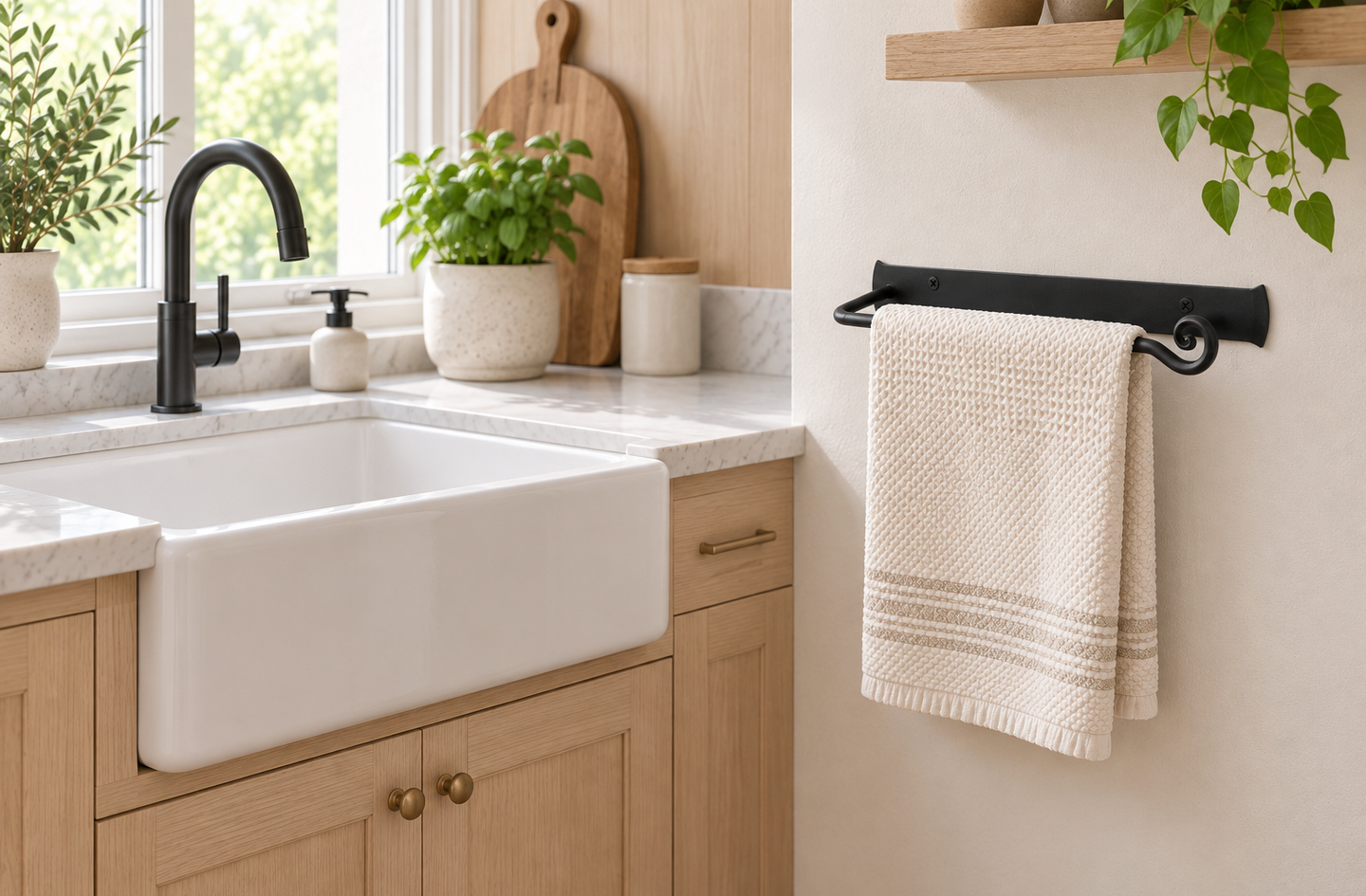 A beige textured hand towel hangs from a black wrought iron hand towel holder on a white kitchen wall beside a white farmhouse-style sink and light wood cabinetry.
