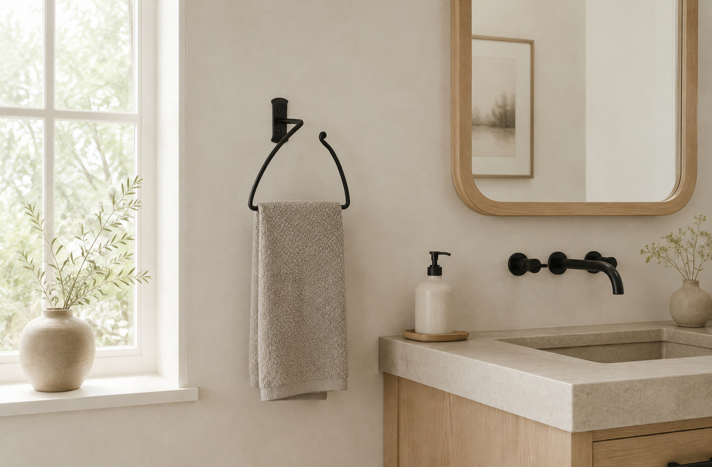 A black RTZEN wrought iron hand towel holder in a half-circle style holds a neutral-toned towel on a light-colored wall next to a wooden bathroom vanity with a stone countertop.