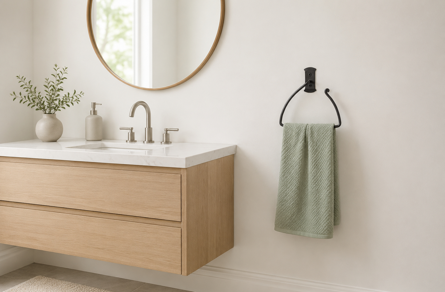A black wrought iron half-circle towel ring holding a sage green towel beside a wooden vanity with a brushed nickel faucet and a round mirror