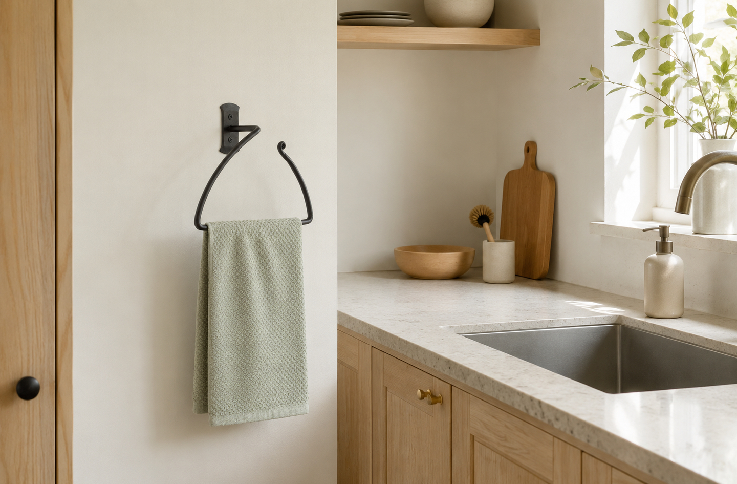 Black half-circle wrought iron hand towel holder with a sage green towel beside a kitchen sink with light wood cabinets