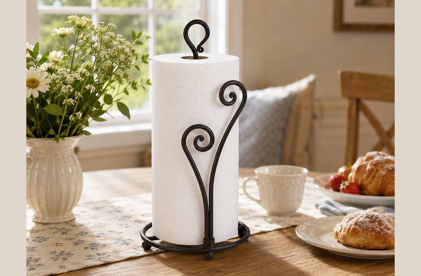 Heart-shaped matte black iron paper towel holder on a wooden table beside daisies and pastries
