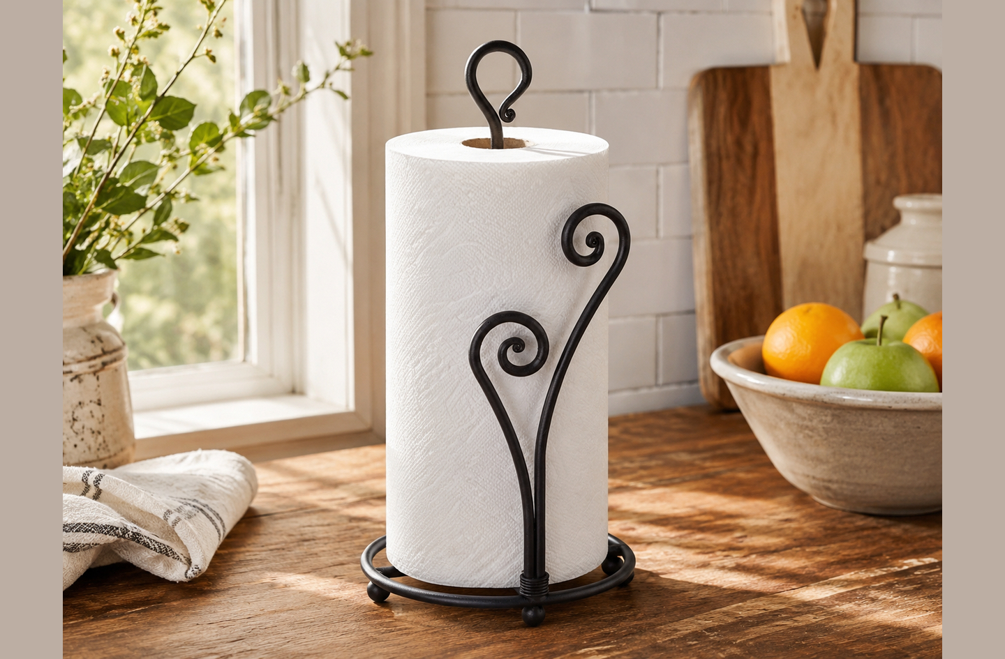 RTZEN paper towel holder with a heart-shaped design in matte black on a wooden kitchen countertop beside a bowl of fruit