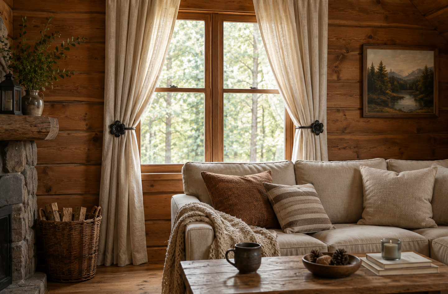 A pair of RTZEN black wrought iron flower curtain holdbacks securing cream-colored drapes on either side of a window in a rustic cabin living room with wood-paneled walls.