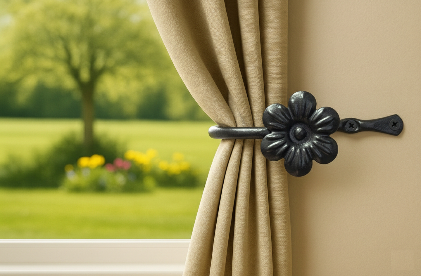 A black wrought iron flower holdback hook mounted on a light wall beside a window, holding a beige curtain open with a garden view outside