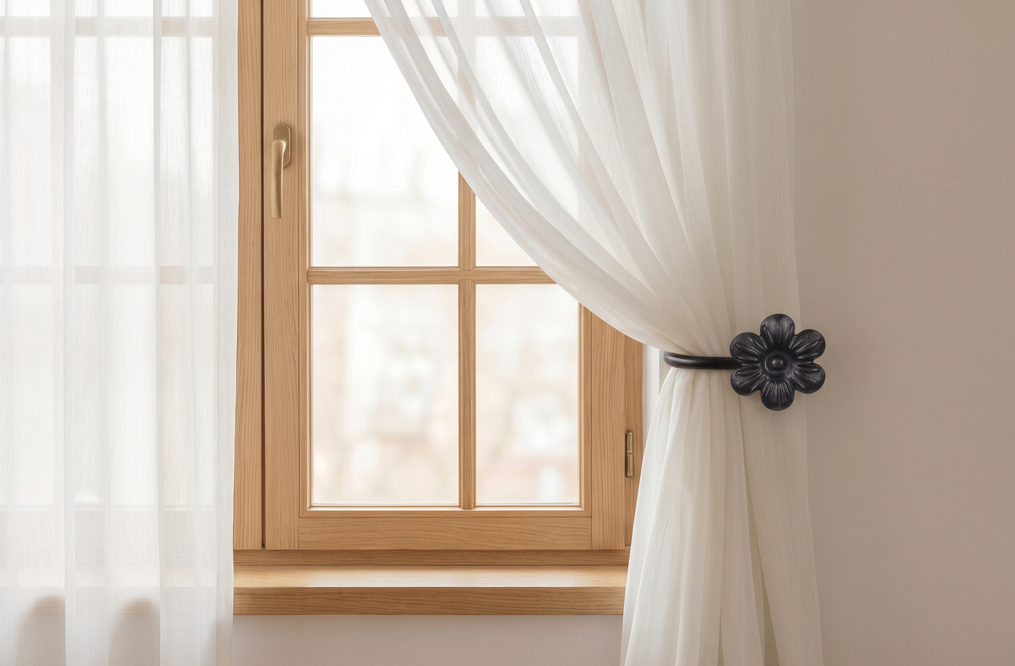 A pair of black wrought iron flower holdbacks gathering a white sheer curtain beside a wooden window frame in natural light