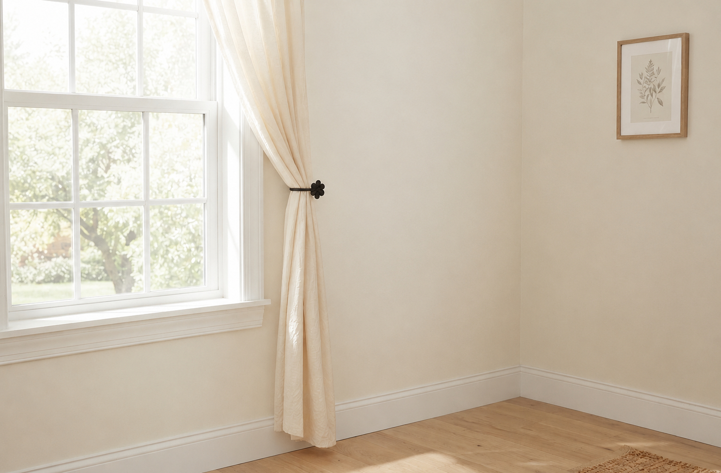 A cream curtain gathered beside a window frame by a black wrought iron flower holdback mounted on a plain wall next to the trim.