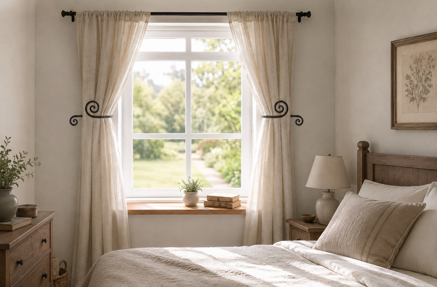 Curtain holdback placement on a bright bedroom window, with black wrought iron swirl holdbacks holding light beige curtains open on both sides of the glass.