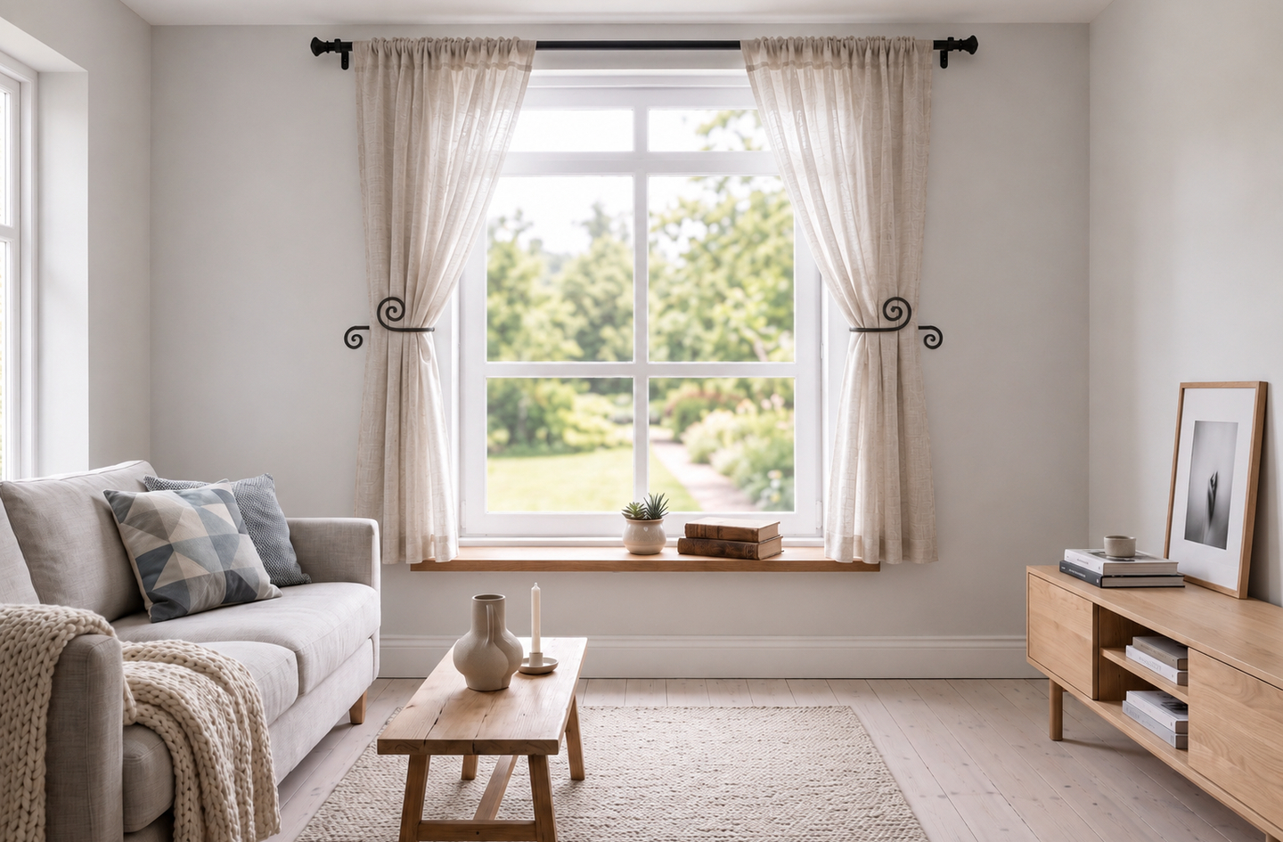 Black wrought iron curtain tie back hooks with a swirl design holding beige fabric curtains open on both sides of a sunlit living room window