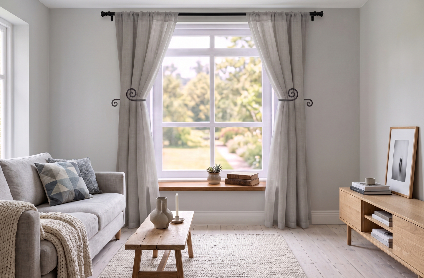 Black wrought iron swirly holdbacks pulling light curtains back on both sides of a living room window, the rigid alternative to heavy duty curtain hooks for thick drapes.