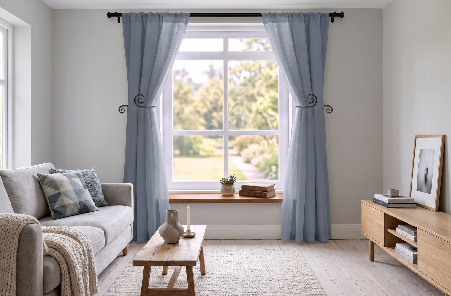 Black wrought iron curtain tie backs with a swirl design holding soft blue drapes open on both sides of a sunlit living room window