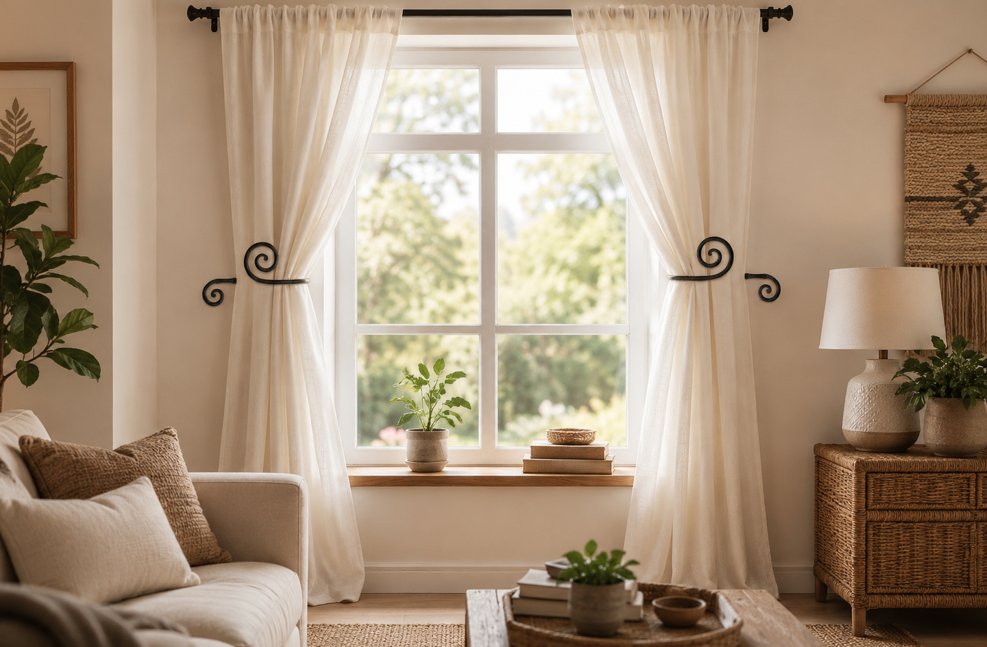 Curtain holdbacks metal example: black wrought iron swirly holdbacks mounted on either side of a large living room window, holding cream-colored curtains open