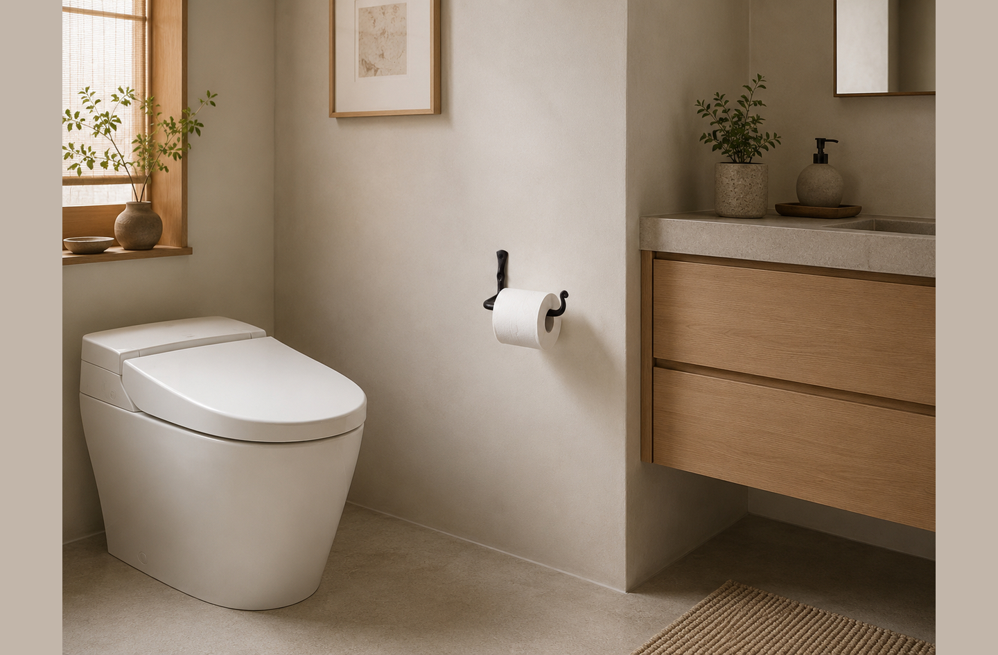 A black toilet paper holder in classic wrought iron mounted on a light wall between a white toilet and a wooden vanity