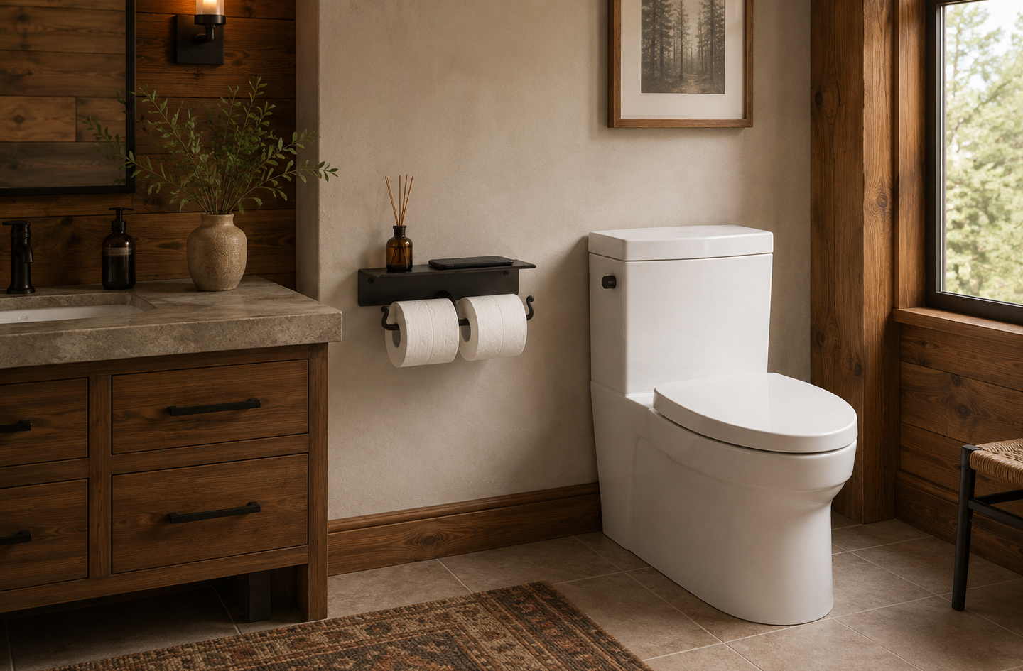 A black wrought iron double toilet paper holder for small bathroom walls, mounted between a wood vanity and a white toilet with a flat shelf above two rolls.