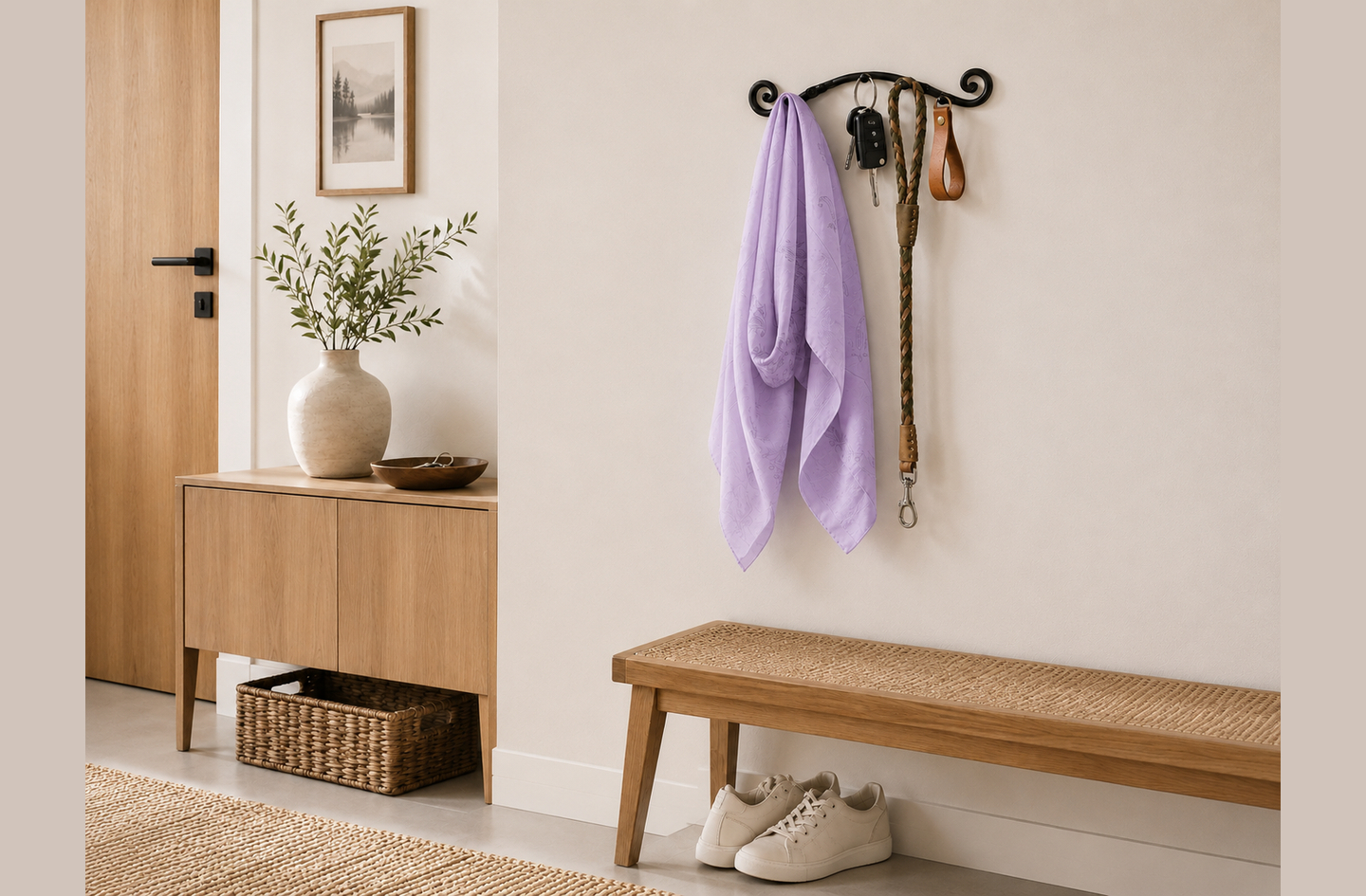 Black wrought iron key hangers for wall mounting in an entryway above a woven bench, holding keys, a purple scarf and a dog leash beside a wooden sideboard.