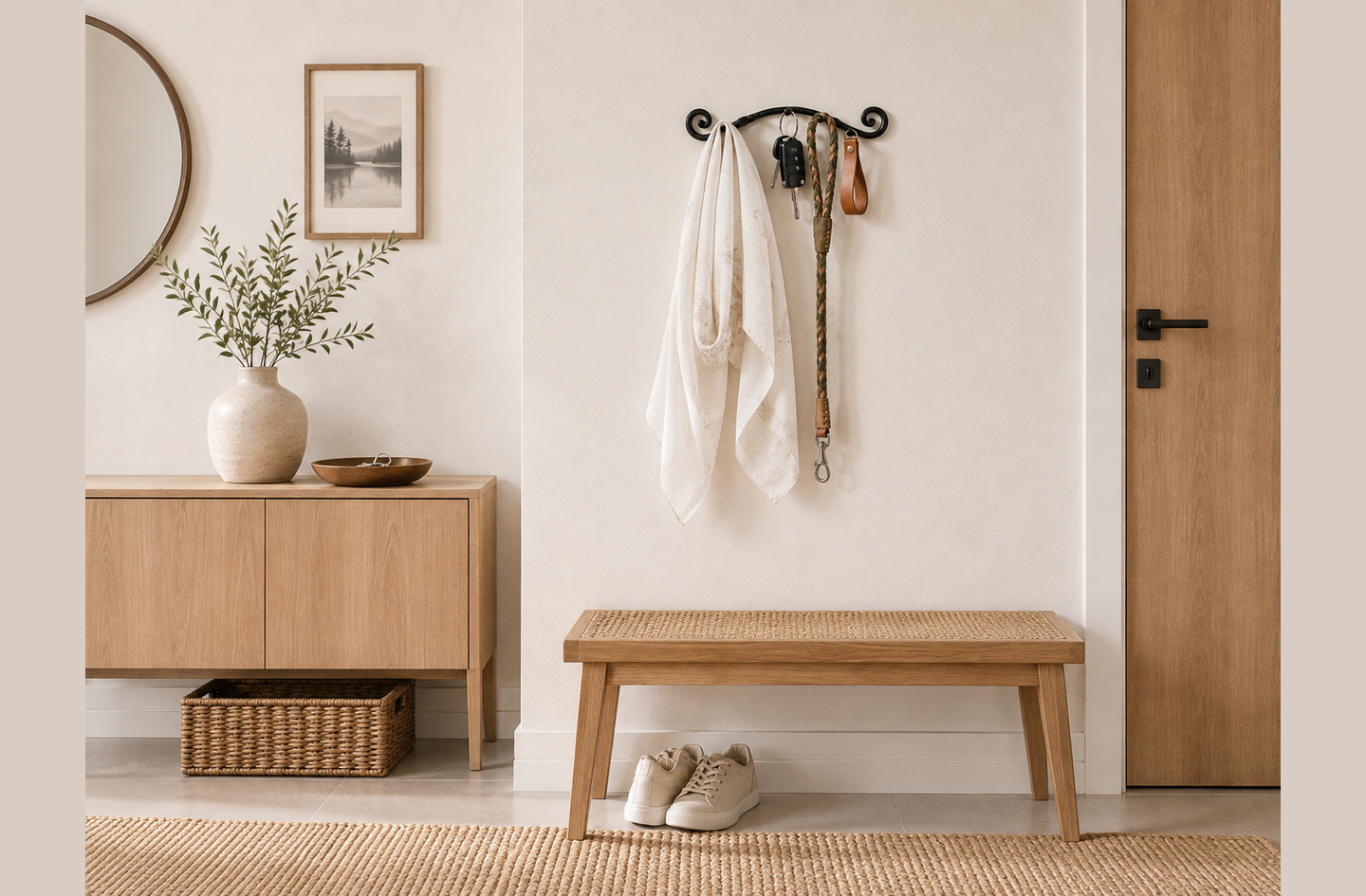 A minimalist entryway with a light wood bench and matching sideboard, where a black wrought iron wall hook holds a scarf and a leash beside a mirror and framed art.