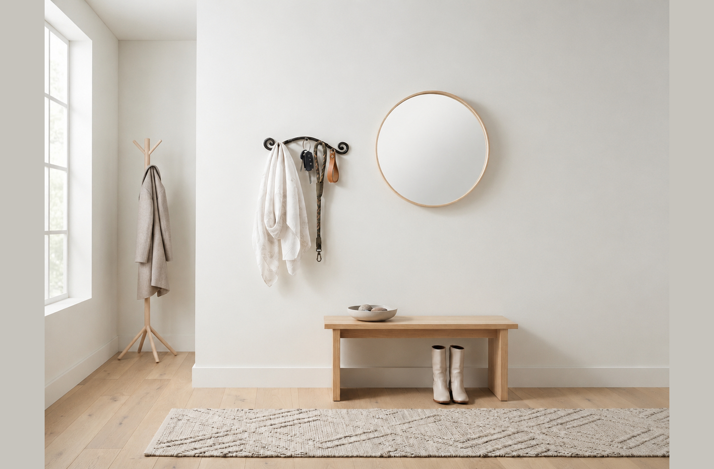Key holders wall mount example: a black swirl wrought iron key rack fixed to an entryway wall above a light wood bench, holding keys and a scarf beside a round mirror.