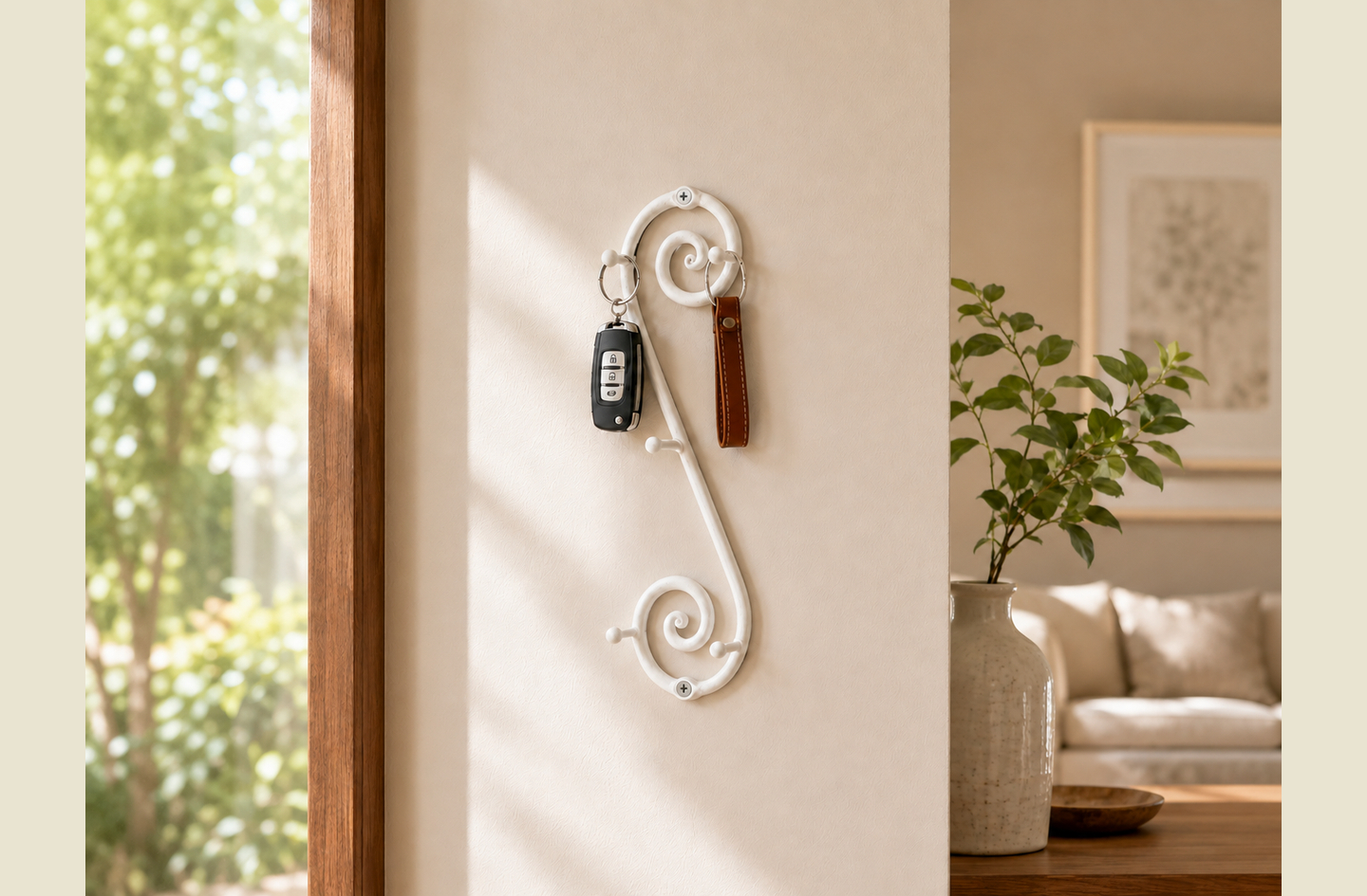 Where to hang key holder hooks beside a doorway: a white ornate wrought iron vertical key rack with decorative scrolls on a light wall, with two keychains on its top hooks.