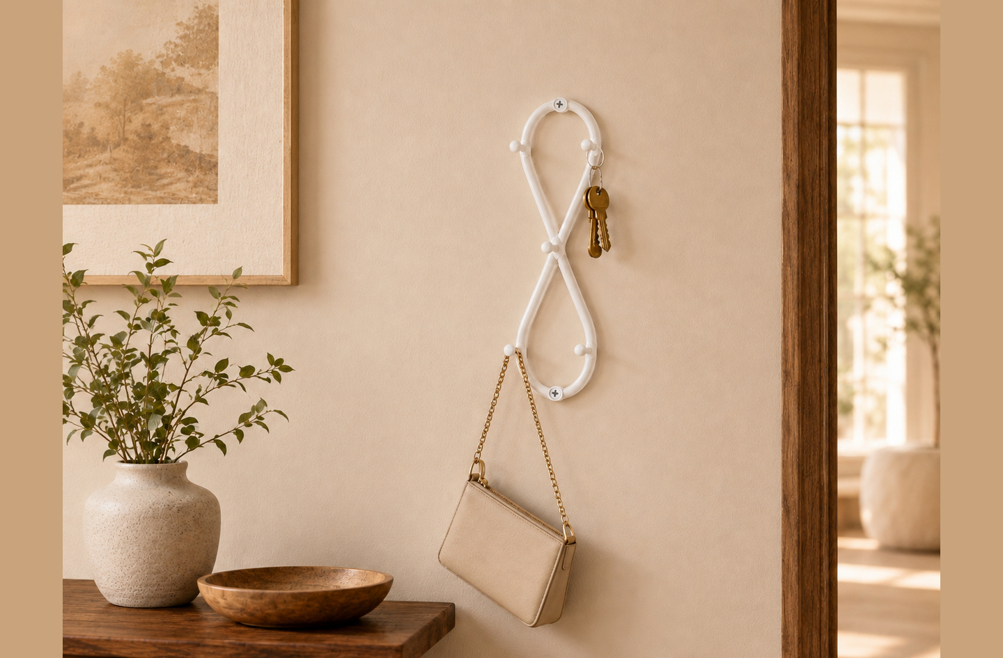 A key holder for wall decorative use: a white infinity-shaped wrought iron rack on a beige wall beside a wooden console, holding brass keys and a small beige handbag.