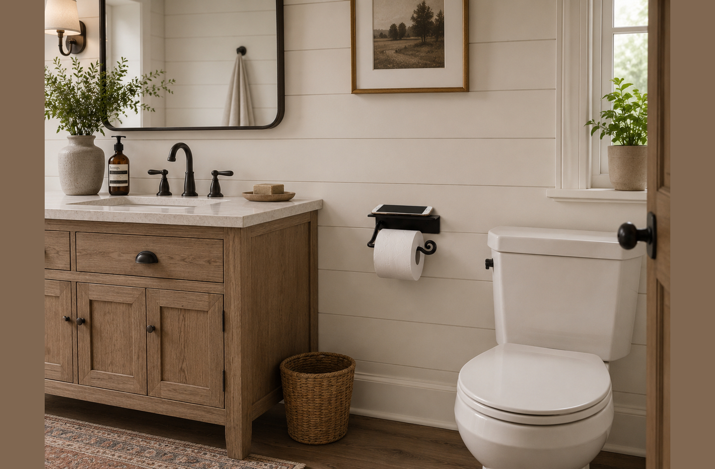 A black wrought iron toilet paper holder with a flat shelf holding a smartphone above a single roll, mounted on a shiplap wall beside a wood vanity and a white toilet.