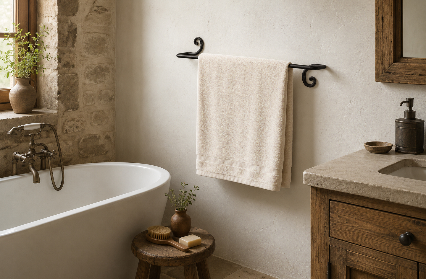 A cream-colored towel hangs on a black iron decorative towel bar with a swirl design, mounted on a textured wall in a rustic bathroom with a stone vanity and soaking tub.