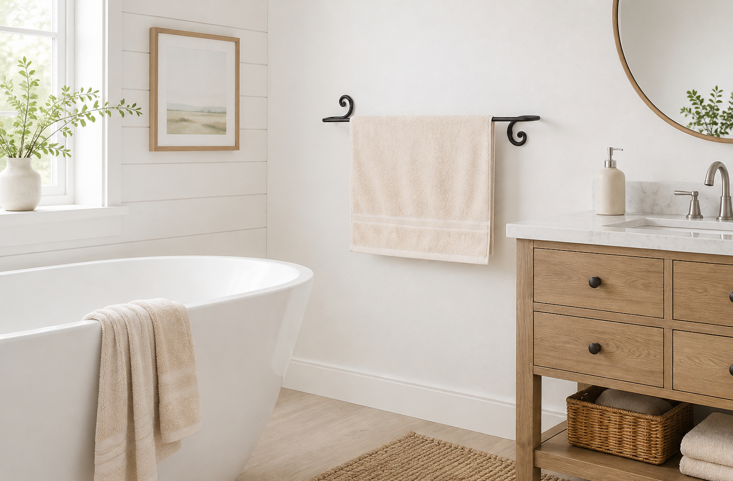 A black wall-mounted RTZEN Swirl towel bar holds a beige towel above a wooden vanity in a bathroom with serene, neutral-toned decor.