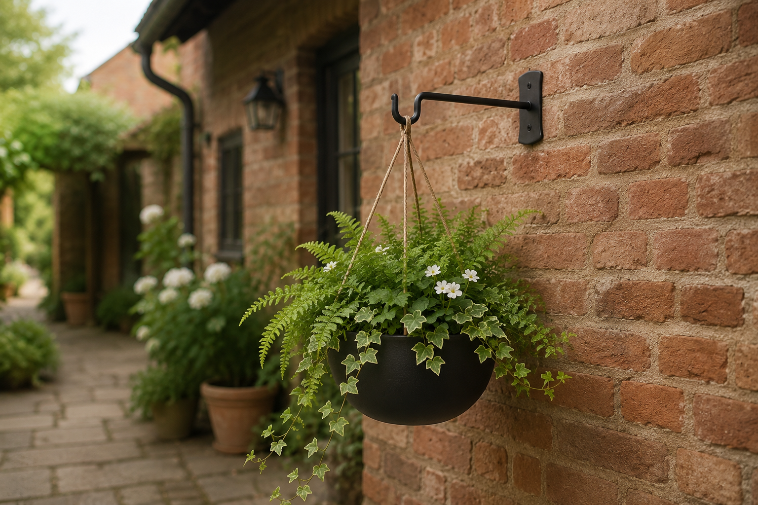 Black wrought iron plant hanger shepherd's hook on a red brick wall holding a hanging planter of ferns and white flowers