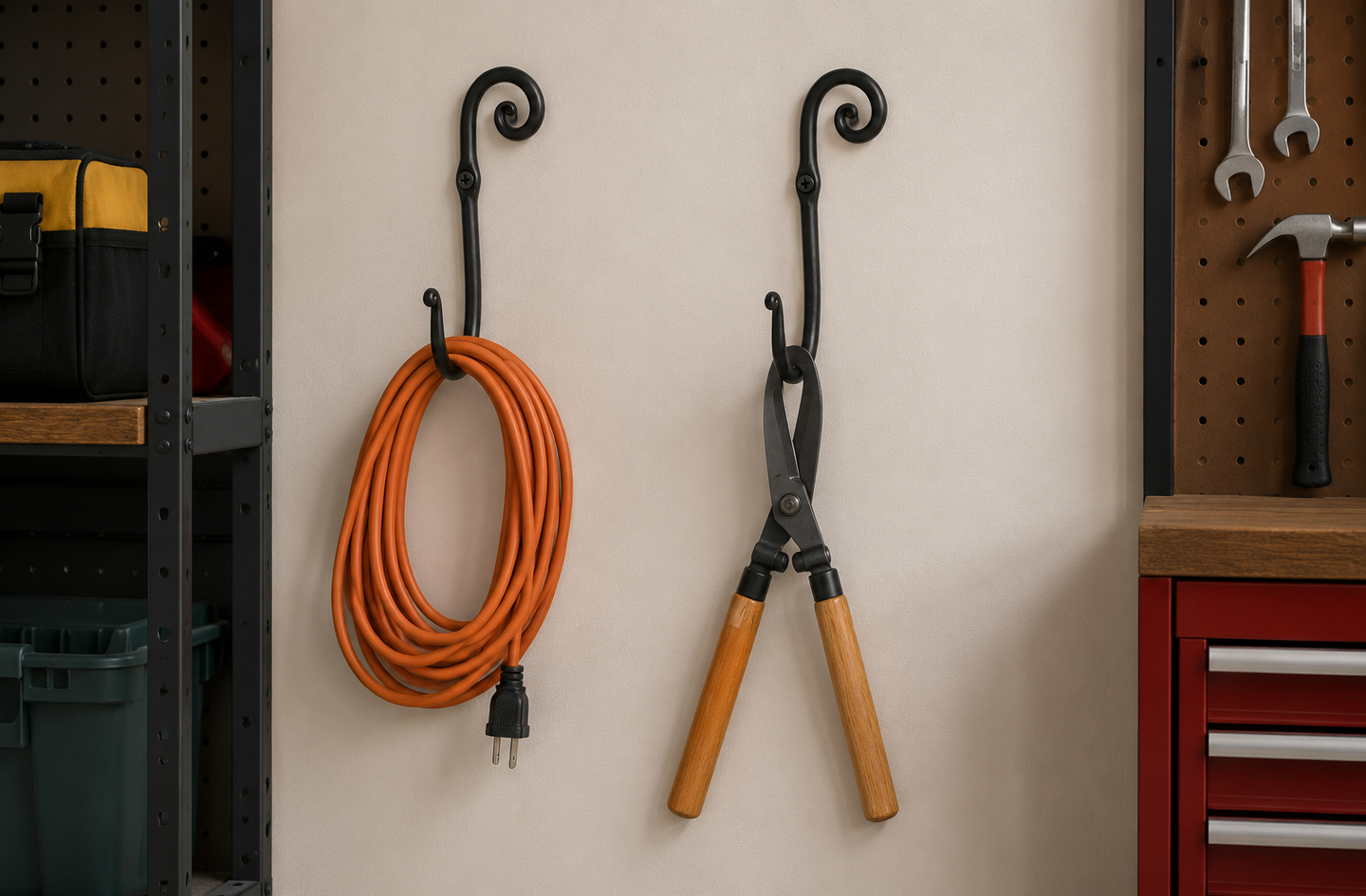 Two black wrought iron wall hooks side by side on a light garage wall, holding a coiled orange extension cord and long-handled garden shears