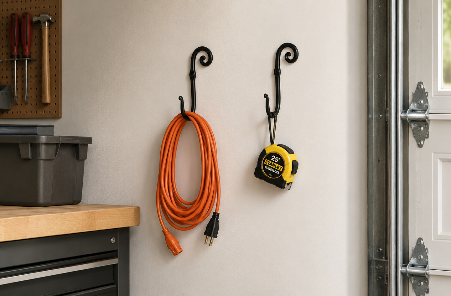 Heavy duty wrought iron wall hooks on a garage wall holding a coiled extension cord and a tape measure
