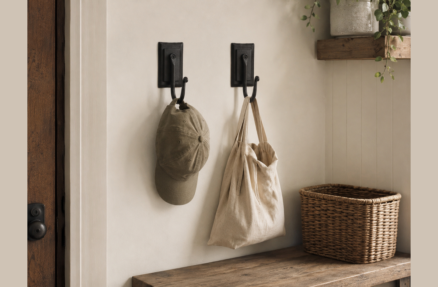 Heavy duty wall hooks in wrought iron holding a baseball cap and canvas tote above a wooden entryway bench