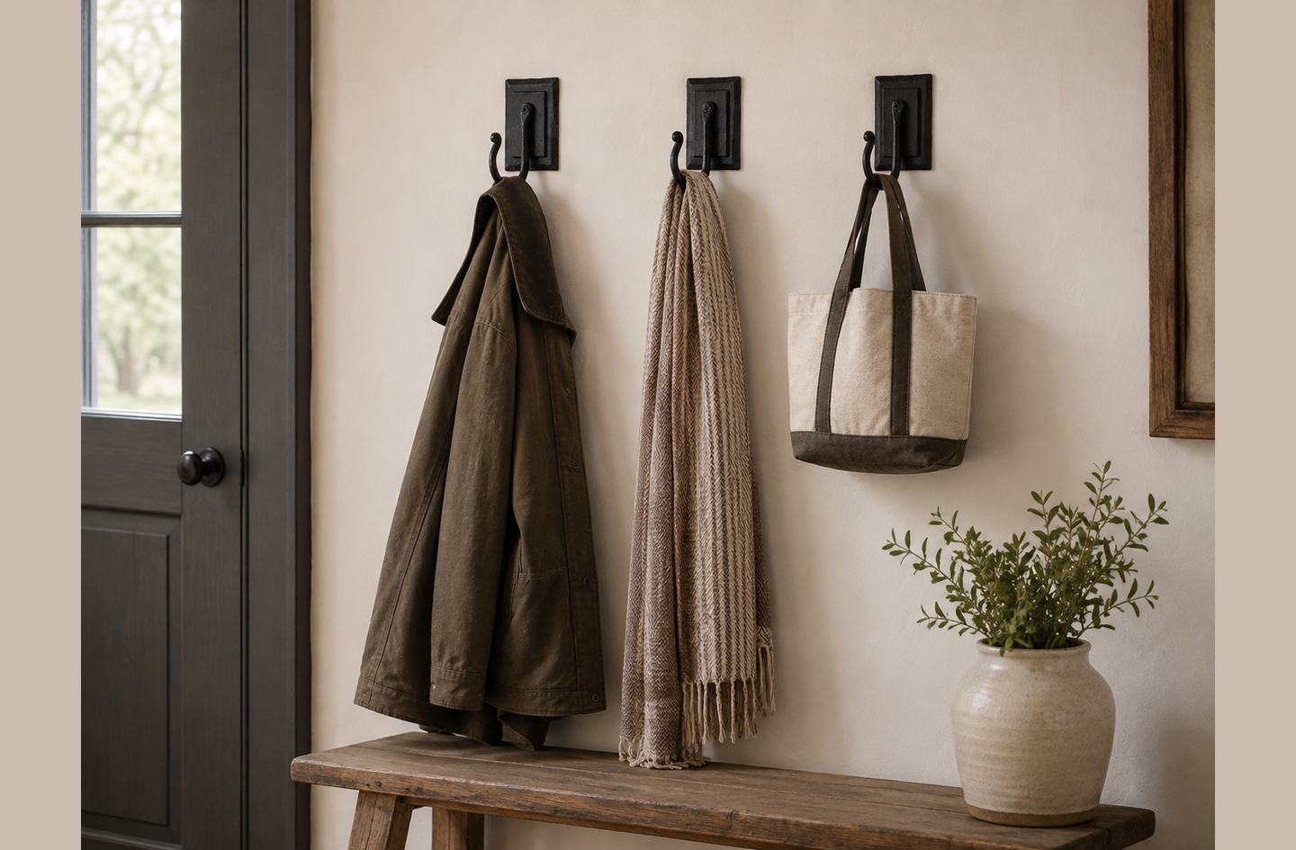 Heavy duty wall hooks for drywall mounted in a row, holding an olive jacket, a fringed scarf and a canvas tote above a wooden bench