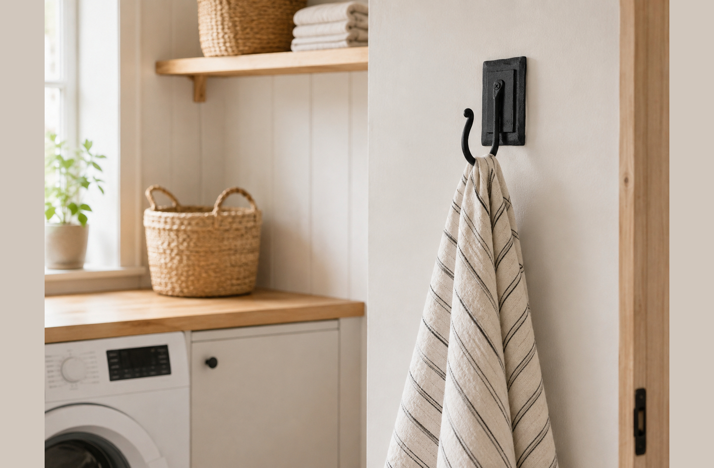 A striped linen towel hangs from a black wrought iron double plate wall hook in a rustic laundry area with a wooden countertop, woven baskets and a small potted plant.